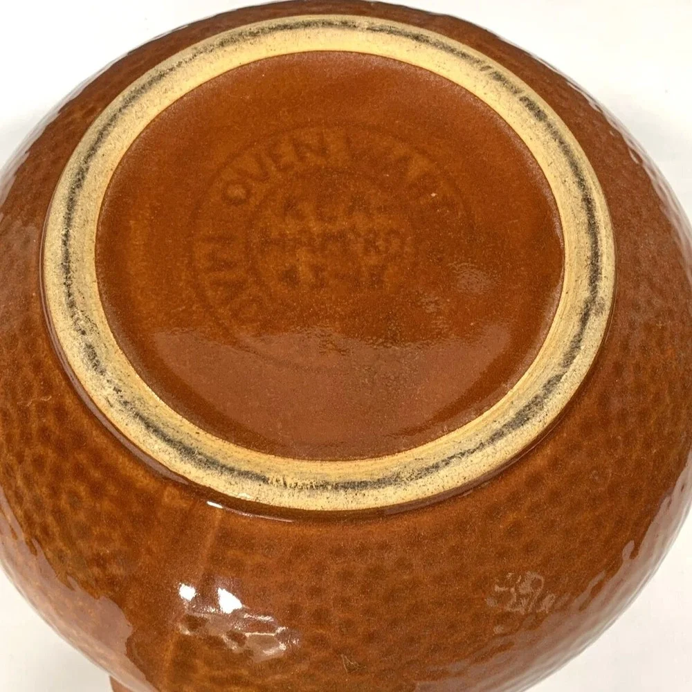 Kla-Ham'rd Stoneware Casserole Dish Lid Brown Tan Ceramic Pot USA Rustic 1940